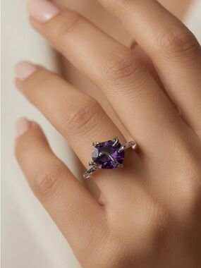 Sterling Silver Amethyst Oval Cut Faceted Gemstone Adjustable Ring 2 Ct Handmade